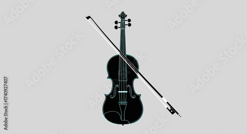 A violin and bow in monochrome with a cyan outline, centered against a grey background