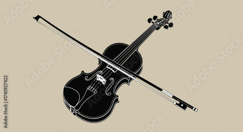 A stylized illustration of a violin and bow against a neutral background
