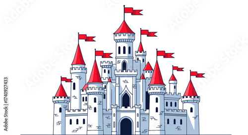 A stylized castle illustration with multiple towers, red flags, and pointed red roofs