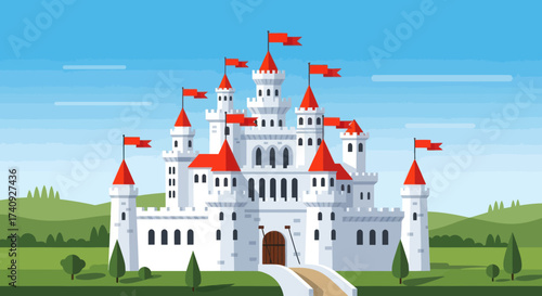 A detailed, pixelated illustration of a fairytale castle with red roofs and flags on a green landscape