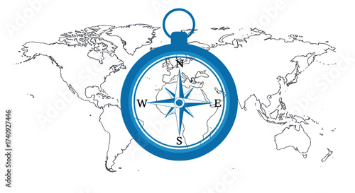 A blue compass overlaid on a detailed black-and-white map of the world, pointing North