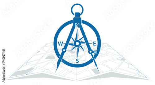 A compass sits atop a stylized map, illustrating direction and location with a navigation theme