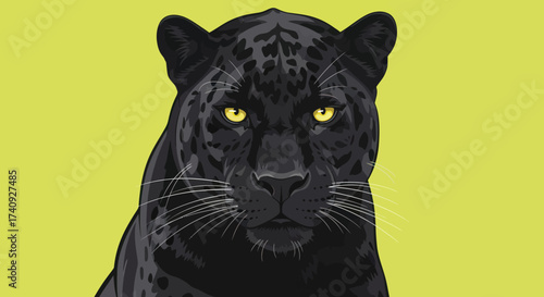 Close-up illustration of a black panther with yellow eyes on a bright yellow background