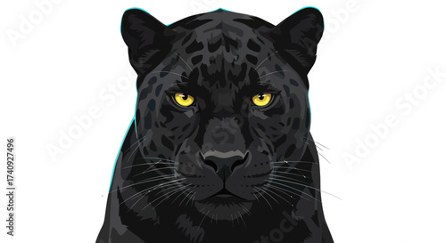 Vector illustration of a black jaguar's face with focused yellow eyes. Detailed fur texture