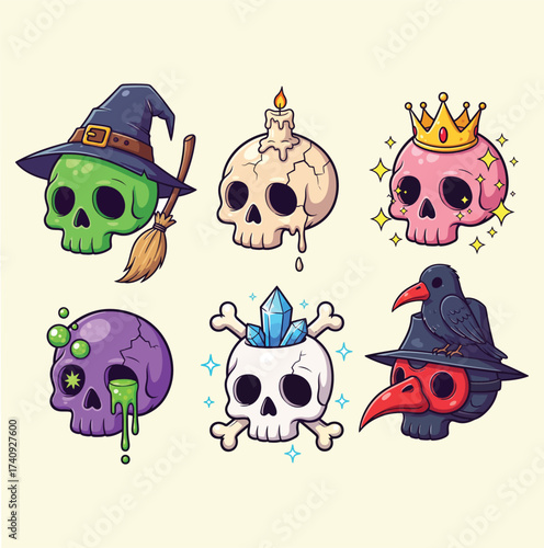 A collection of six whimsical and colorful cartoon skulls with unique accessories like a witch hat crown candle and plague doctor mask isolated on white background