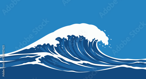 Vector illustration of a stylized, blue wave cresting with white foam, on a blue background