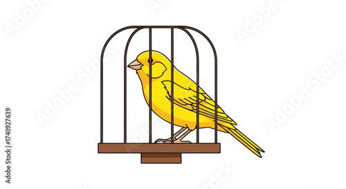 A cartoon canary sits inside a cage, with a brown base and bars against a white backdrop
