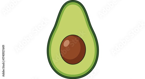 A stylized avocado half with a dark brown pit against a white background. Cartoonish green edges