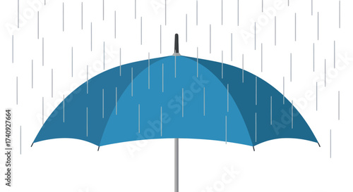 Digital illustration showing a blue umbrella open with falling rain in white against a white background
