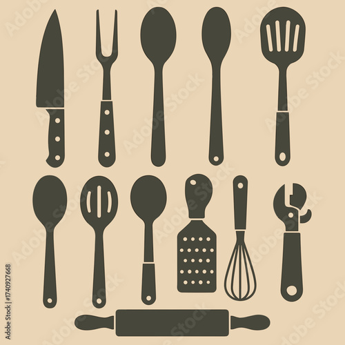 Kitchen utensils silhouette illustration in minimalist style showcasing essential cooking tools
