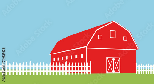 A red barn with white trim and picket fence against a blue sky and green field