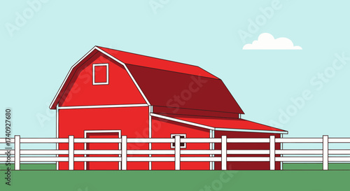 A vibrant red barn with white fence and a cloud, set against a pale blue sky and green ground