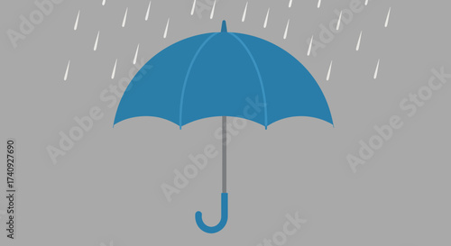 A blue umbrella shields from falling rain against a grey background. Simple illustration