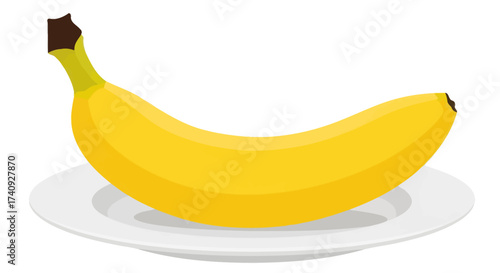 A ripe banana on a white plate. The banana is yellow with a brown tip and green stem