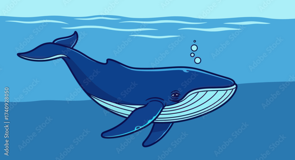 Fototapeta premium A blue whale, with a pixelated style, swims in the ocean, bubbles above