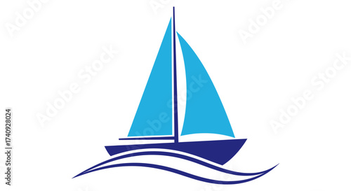 A vector illustration of a sailboat with light blue sails, dark blue hull, and waves on a white background