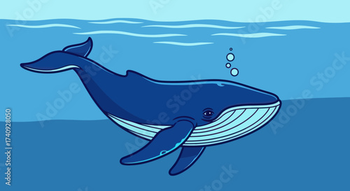 A blue whale, with a pixelated style, swims in the ocean, bubbles above