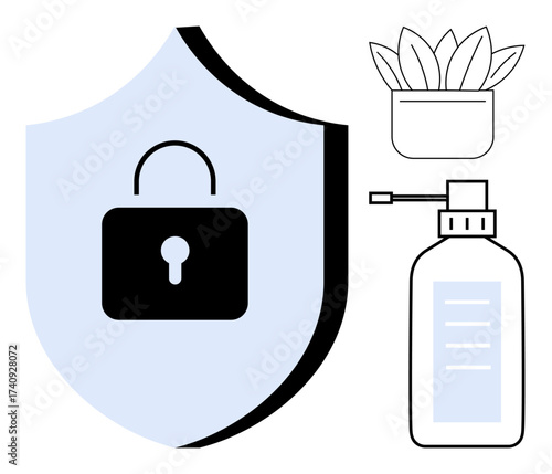 Shield with lock ensuring safety, sanitizer bottle symbolizing hygiene, and potted plant for growth. Ideal for protection, health, hygiene, security, sustainability, wellness growth simple flat