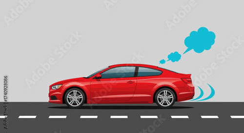 A red coupe car emits blue exhaust and motion trails while driving on a road