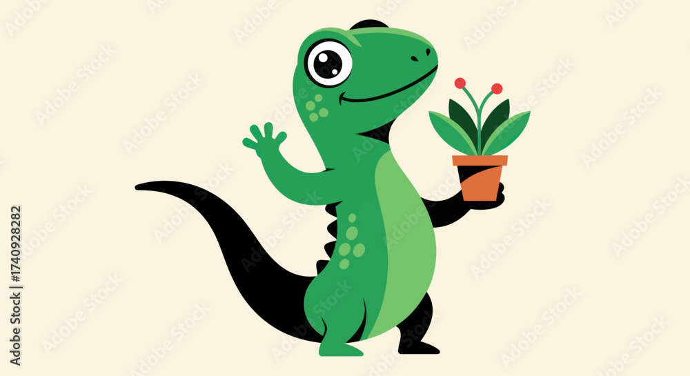 Obraz premium A green lizard with a welcoming gesture holds a potted plant with red berries