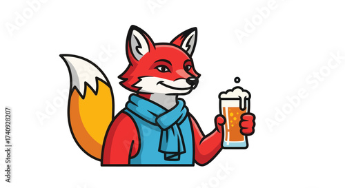 Cartoon fox with a scarf holding a pint of beer, smiling. Graphic on white background