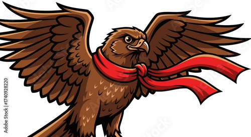 Detailed cartoon image of a hawk soaring with a red sash