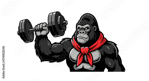 A muscular gorilla, wearing a red scarf, lifts a dumbbell, looking determined