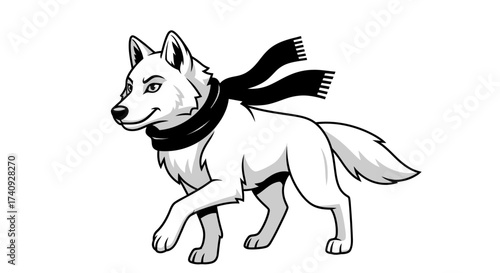 A monochrome illustration of a wolf, wearing a scarf, striding forward with a confident expression