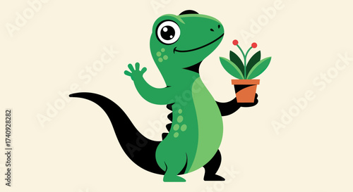 A green lizard with a welcoming gesture holds a potted plant with red berries