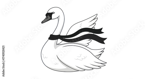 A stylized swan with a black neck ribbon, drawn with crisp lines, simple shading, on a white background