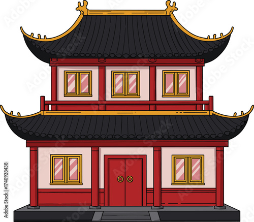 Traditional Chinese temple with red walls, black curved roof, golden decorations, historical Asian architecture, cultural heritage building, vector illustration design
