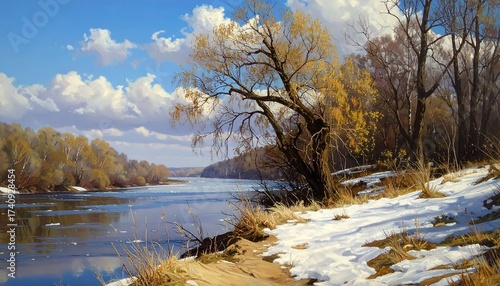 Scenic River Landscape Painting with Snow-Covered Banks and Cloudy Sky