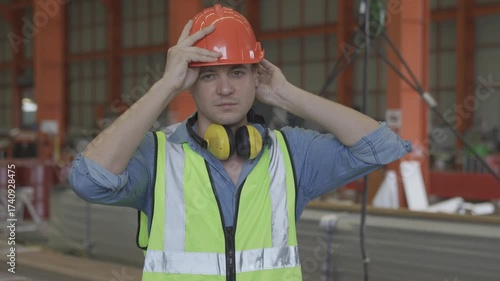 Workers in a steel factory are wearing safety helmets. Worker in hardhat and safety helmet.