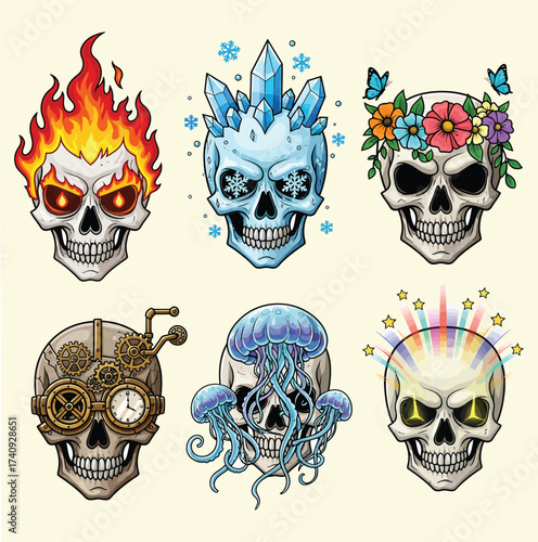Collection of six distinct artistic skull illustrations with unique themes including fire ice flowers steampunk and abstract designs isolated on white background