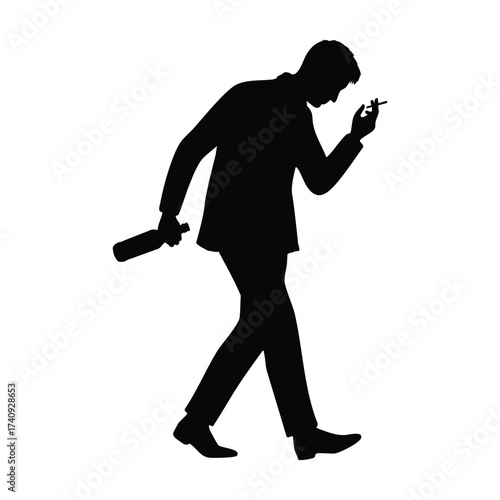 A silhouette of a man in a suit, head lowered in thought or despair, holding a cigarette and a liquor bottle. The image conveys themes of addiction, solitude, stress, and nighttime habits.