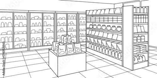 Grocery store shop interior black white graphic sketch illustration vector 