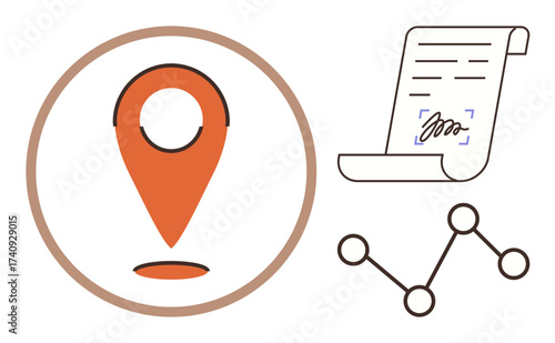 Geolocation pin paired with document scroll featuring signature and simple flowchart link. Ideal for navigation, contracts, planning, decision-making, workflows, business strategy, simple flat
