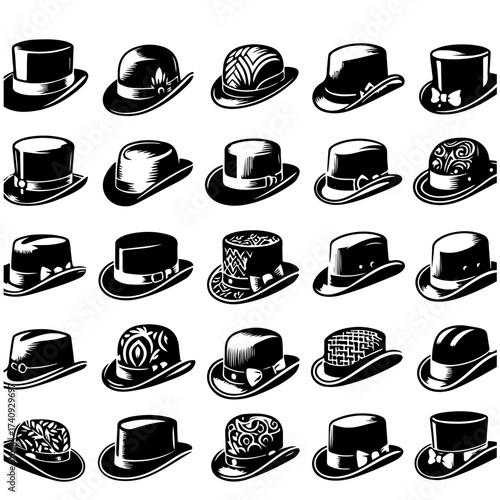 Collection of twenty four black and white vintage style hats with various designs and shapes displayed neatly