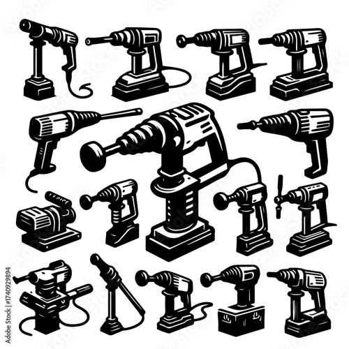 Illustration showing an assortment of various power drills and sanders in black and white style