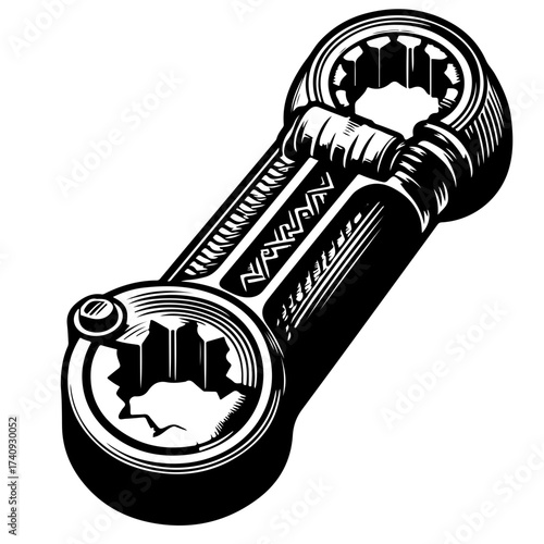 Illustration of a black and white wrench with intricate details and a star shaped inner mechanism design