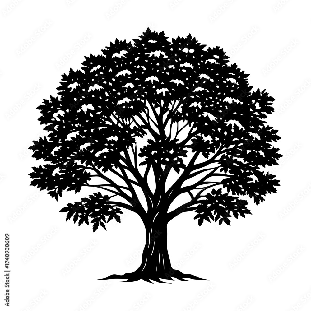 Obraz premium Vector art of detailed silhouette of a lush oak tree with abundant leaves, , creating a striking visual representation of natures beauty