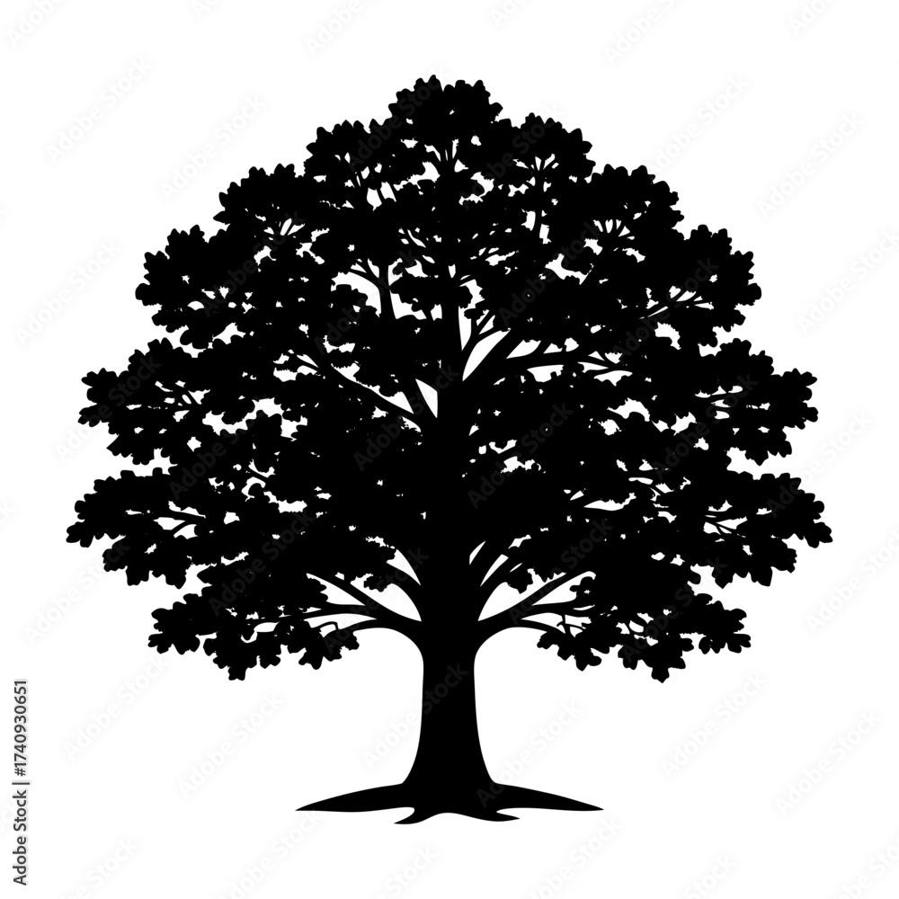 Fototapeta premium Vector art of silhouette of an oak tree, showcasing its broad canopy and sturdy trunk in a simple, yet elegant design