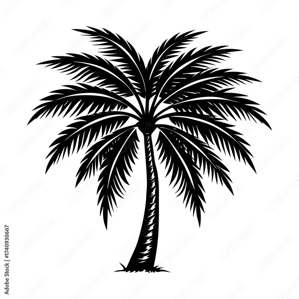Obraz premium Vector art of palm tree silhouette, a tropical symbol of relaxation, vacation, and summer, evoking a sense of paradise and tranquility