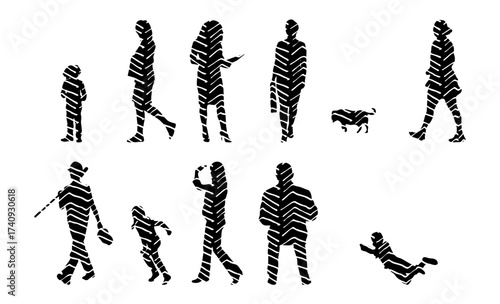 Vector illustration, Outline silhouettes of people, Contour drawing, people silhouette, Icon Set Isolated , Silhouette of sitting people, Architectural set