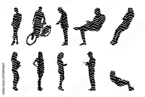 Vector illustration, Outline silhouettes of people, Contour drawing, people silhouette, Icon Set Isolated , Silhouette of sitting people, Architectural set