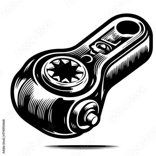 Illustration of a black and white mechanical component with intricate detailing and shading effects