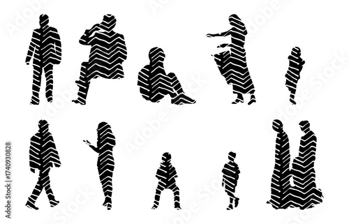 Vector illustration, Outline silhouettes of people, Contour drawing, people silhouette, Icon Set Isolated , Silhouette of sitting people, Architectural set