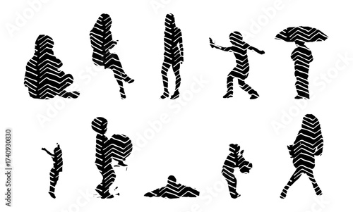Vector illustration, Outline silhouettes of people, Contour drawing, people silhouette, Icon Set Isolated , Silhouette of sitting people, Architectural set