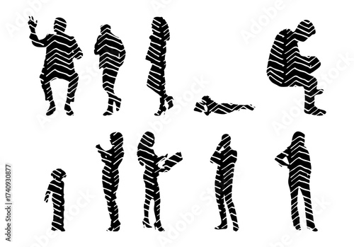 Vector illustration, Outline silhouettes of people, Contour drawing, people silhouette, Icon Set Isolated , Silhouette of sitting people, Architectural set