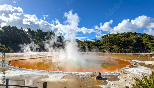 Scenic View of a Geothermal Pool in New Zealand under a Blue Sky